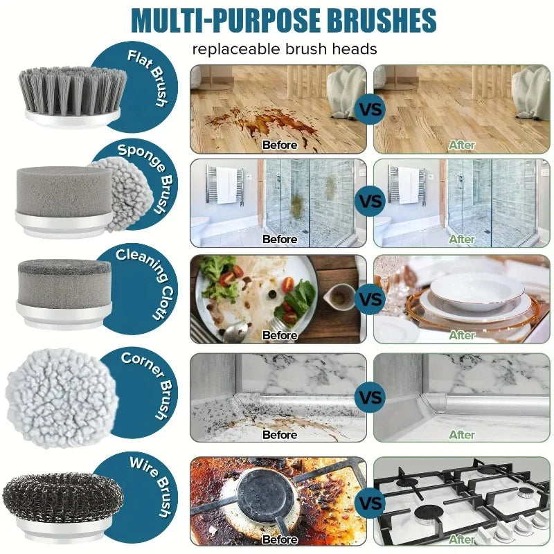 Electric Spin Scrubber, Bathroom Cordless Cleaning Brush Power Scrubber with 5 Replaceable Brush Heads, Electric Cleaning Brush